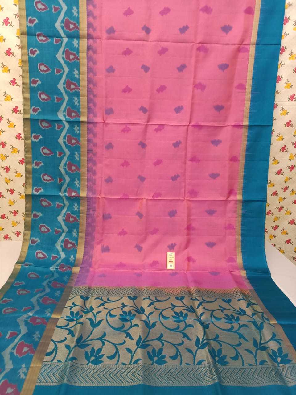 Pink With Rama Blue Kanjivaram Ikkath Silk Saree