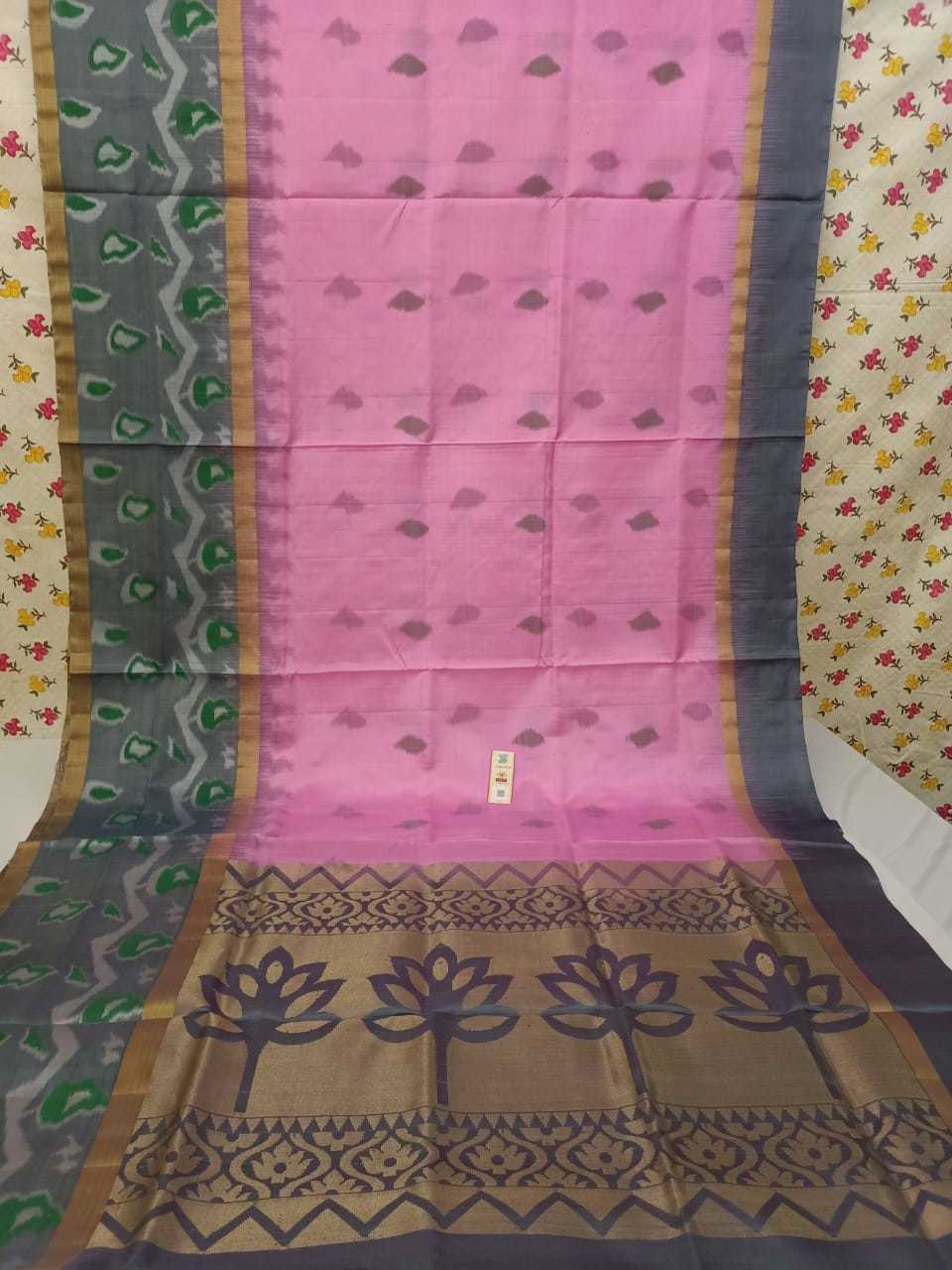 Pink With Rama Blue Kanjivaram Ikkath Silk Saree