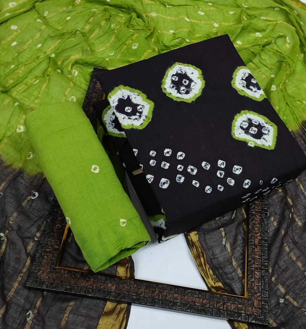 Dress Materials - 100% Heavy Cotton, Customized Size, Front & Back Hand Bandhej, Printed Pattern, Washable, Breathable Resham Border Dupatta
