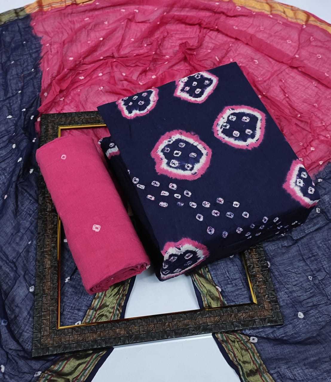 Dress Materials - 100% Heavy Cotton, Customized Size, Front & Back Hand Bandhej, Printed Pattern, Washable, Breathable Resham Border Dupatta