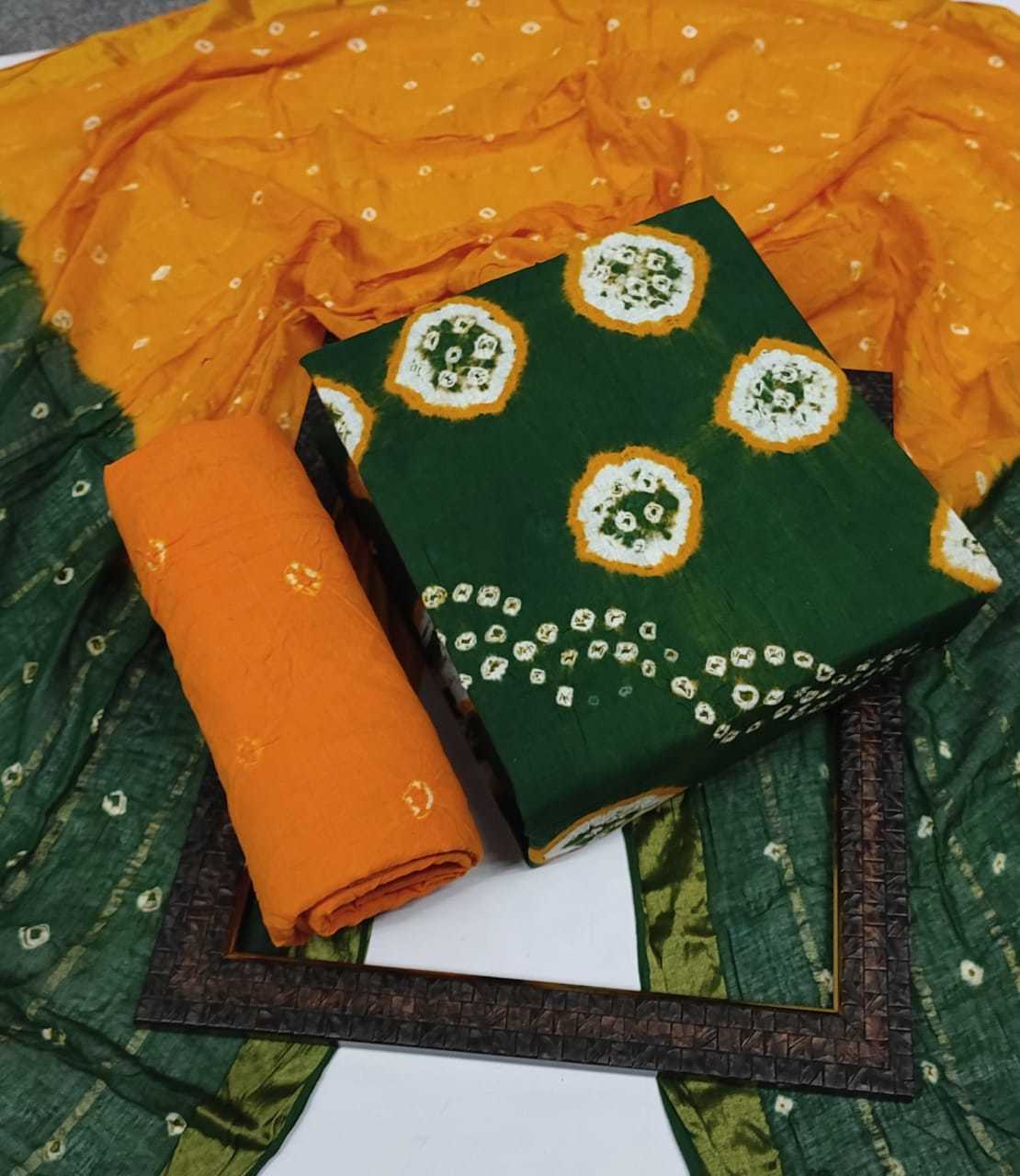 Dress Materials - 100% Heavy Cotton, Customized Size, Front & Back Hand Bandhej, Printed Pattern, Washable, Breathable Resham Border Dupatta