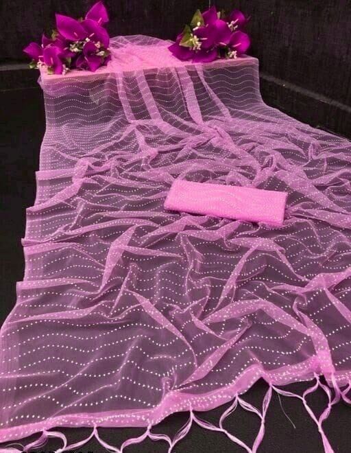 Saree Collection New - Soft Net With Silicon Print All Over, Unstitched Blouse With Same Fabric | Breathable, Washable, Full Sleeves, Customized Logo