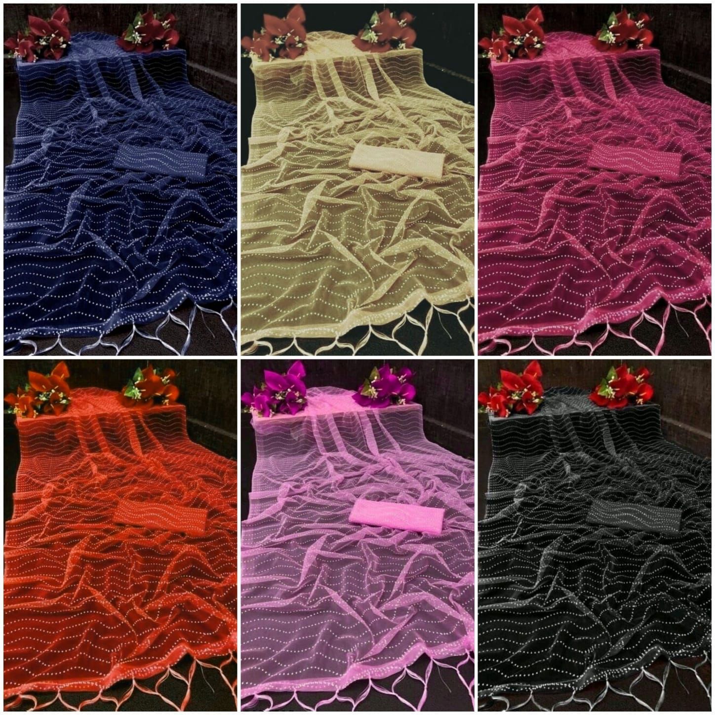 Saree Collection New - Soft Net With Silicon Print All Over, Unstitched Blouse With Same Fabric | Breathable, Washable, Full Sleeves, Customized Logo