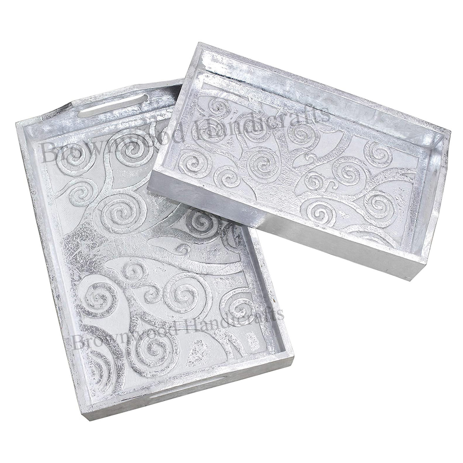 Mango Wood Serving Tray Set Of 2 Silver White Finish Size: 16 X 10.25 X 3 Inch