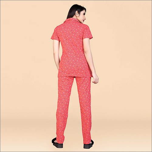 Ladies Cotton Pant Night Suit - Cotton, M To Xxl, Light Red, Half Sleeves | Breathable, Printed Design, Comfortable Multi-purpose Wear