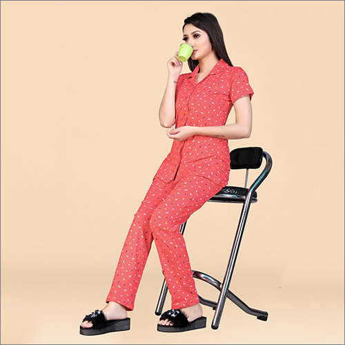 Ladies Cotton Pant Night Suit - Cotton, M To Xxl, Light Red, Half Sleeves | Breathable, Printed Design, Comfortable Multi-purpose Wear