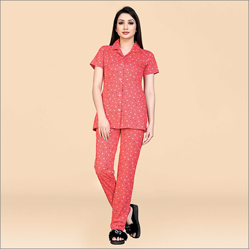 Ladies Cotton Pant Night Suit - Cotton, M To Xxl, Light Red, Half Sleeves | Breathable, Printed Design, Comfortable Multi-purpose Wear