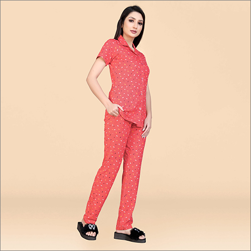 Ladies Cotton Pant Night Suit - Cotton, M To Xxl, Light Red, Half Sleeves | Breathable, Printed Design, Comfortable Multi-purpose Wear