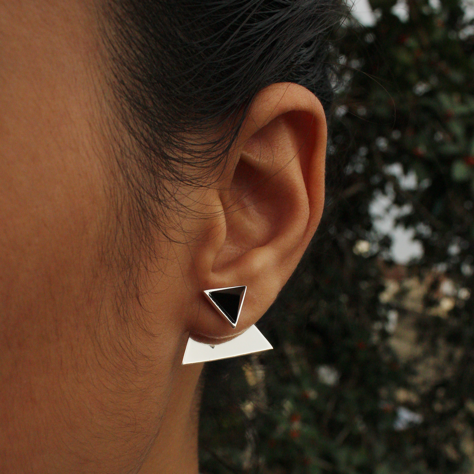 925 Sterling Silver Black Onyx Pyramidal Jacket Earring