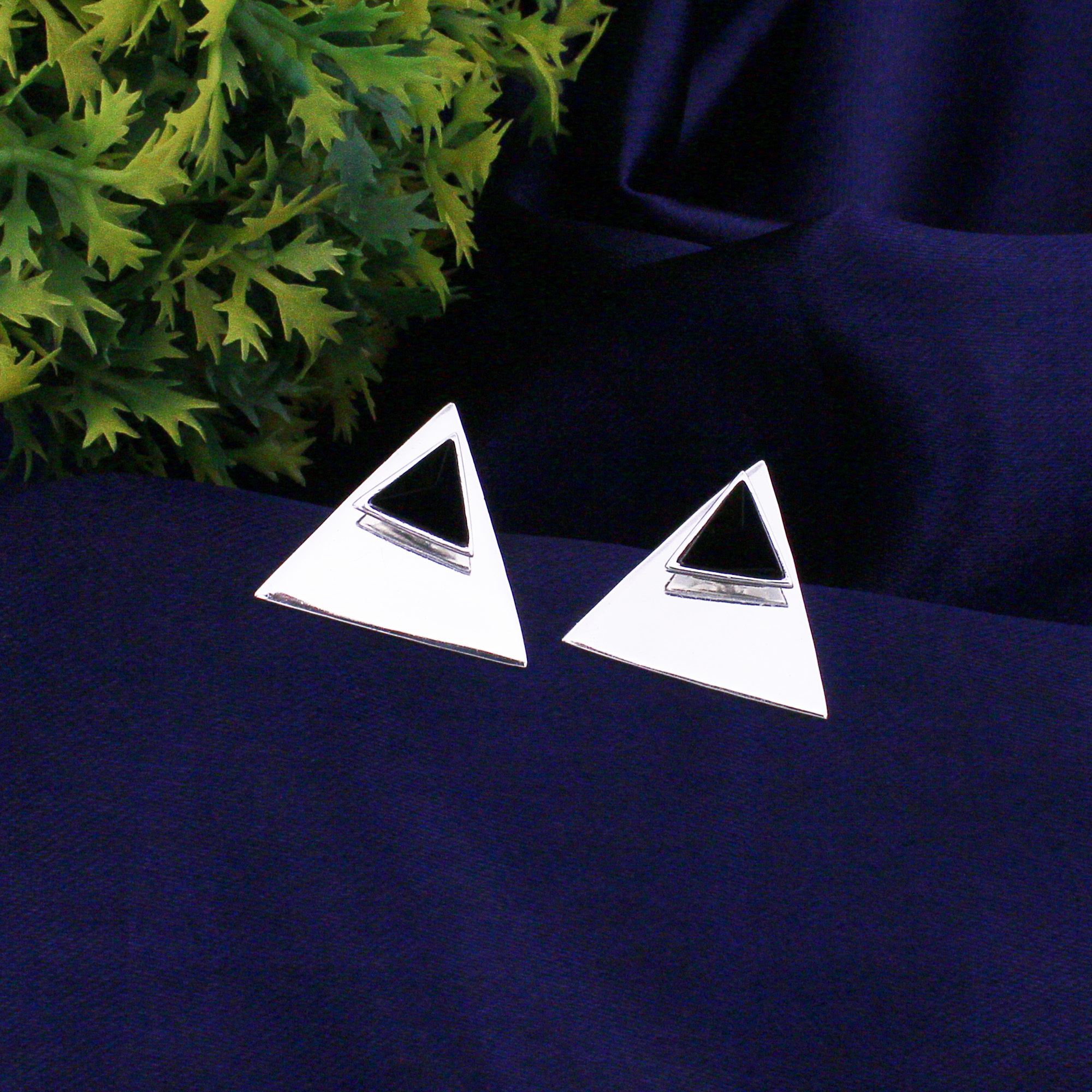 925 Sterling Silver Black Onyx Pyramidal Jacket Earring
