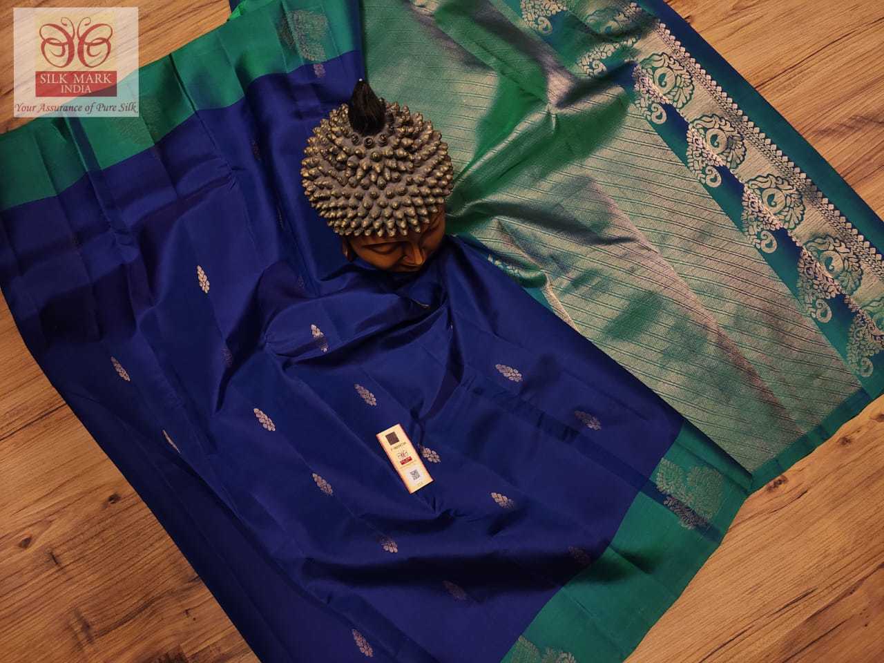 Blue With Green Khadiyal Traditional Contrast Border And Pallu