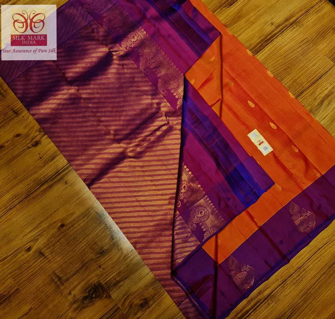 Orange With Purple Pure Tradition Kanjivaram Saree