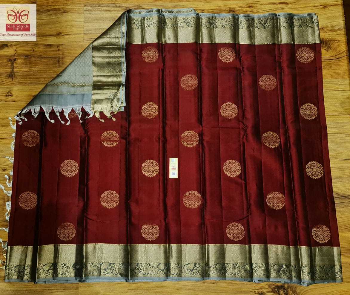 Traditional Pure Kanjivaram Silk Saree - Light Weight Art Silk Fabric, Maroon With Gold, Zari Work | Silk Mark Certified, Fancy Jarie Border, All Over Saree Butta, Double Warp Weaving