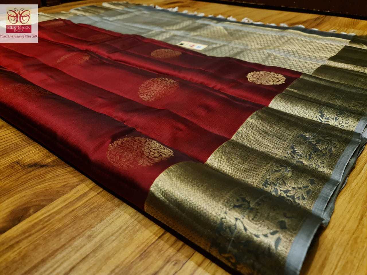 Traditional Pure Kanjivaram Silk Saree - Light Weight Art Silk Fabric, Maroon With Gold, Zari Work | Silk Mark Certified, Fancy Jarie Border, All Over Saree Butta, Double Warp Weaving