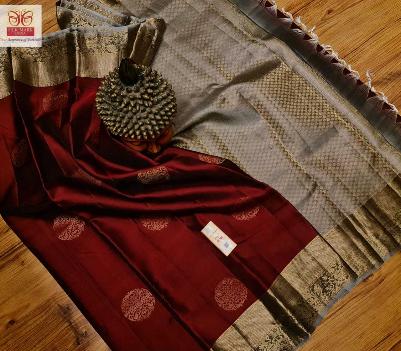 Traditional Pure Kanjivaram Silk Saree - Light Weight Art Silk Fabric, Maroon With Gold, Zari Work | Silk Mark Certified, Fancy Jarie Border, All Over Saree Butta, Double Warp Weaving