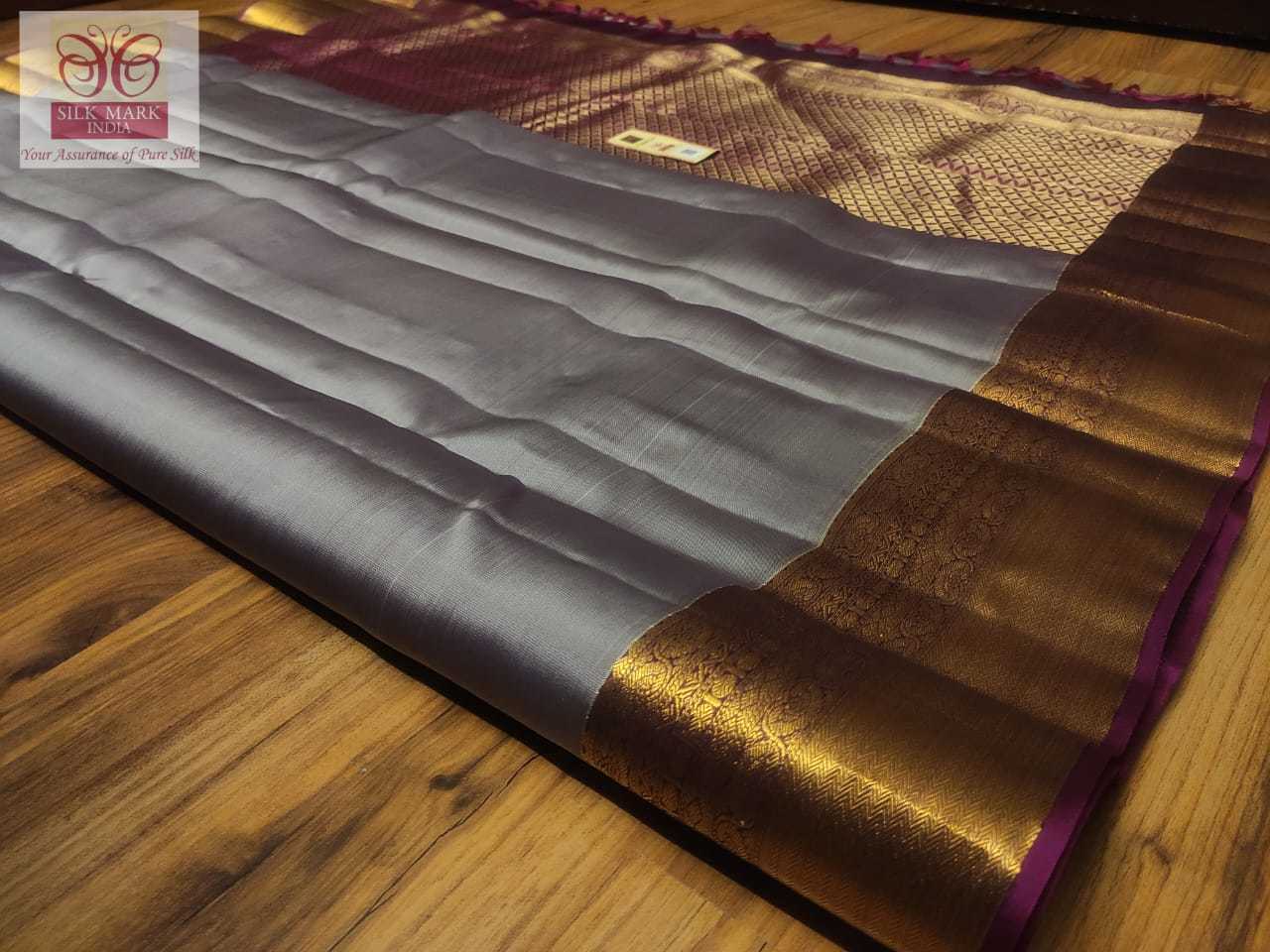 Grey With Red Fancy Pure Kanchipuram Silk