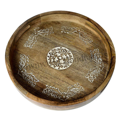 बर्न व्हाइट वॉश मैंगो वुड कार्व्ड राउंड सर्विंग ट्रे