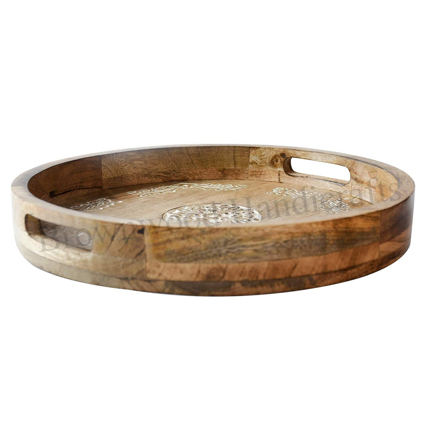 Burnt White Wash Mango Wood Carved Round Serving Tray
