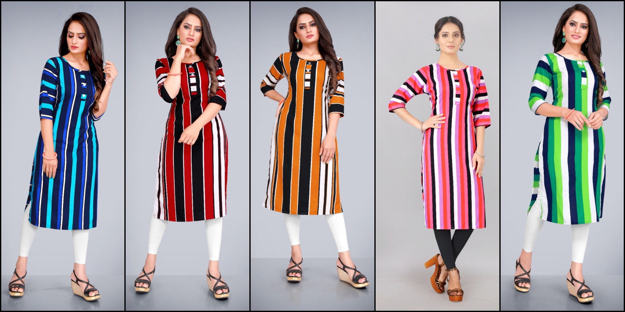 Printed Kurtis Combo - Crepe Fabric, Size S-36 To Xxl-44, Multi Color, 3/4 Sleeve, 44 Inch Length, Casual Wear With Striped Print And Side Slits