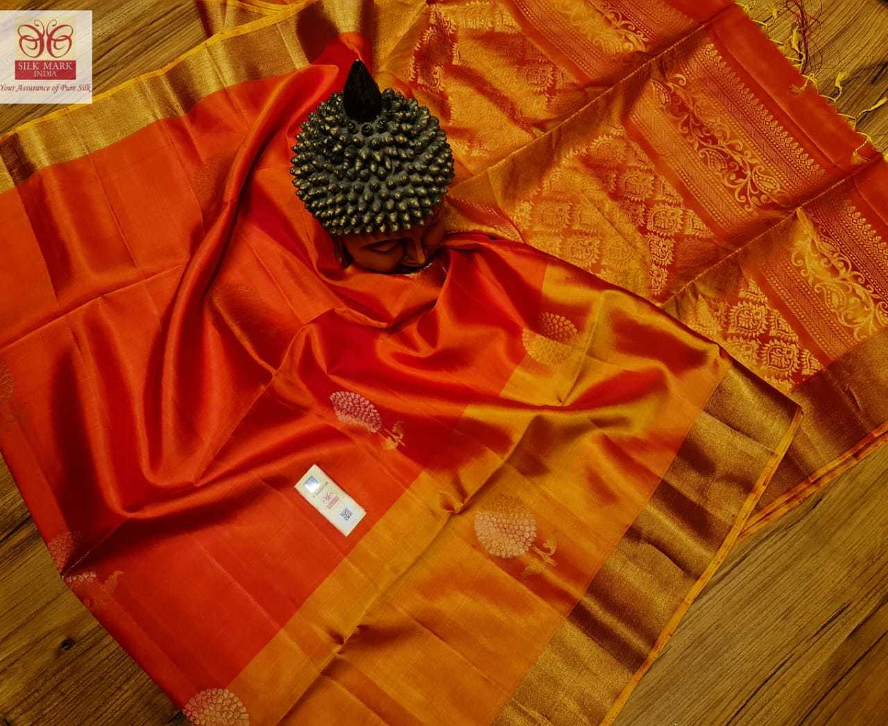 Orange With Golden Handloom Silk Saree Three Layer Jarie