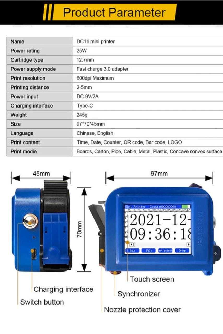 Portable Mini Inkjet Printer Dc11 Dimensions: 97*70*45 Mm Millimeter (Mm)
