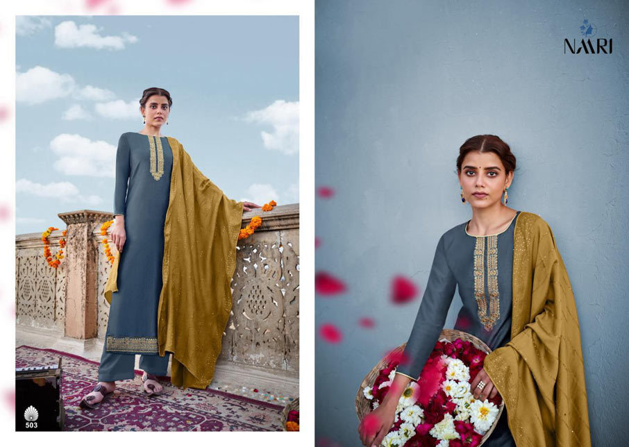 Itrana Jam Satin Salwar Suits Set - Cotton Satin Fabric, Grey And Red Color | Full Sleeves, Breathable, Washable, Printed Pattern