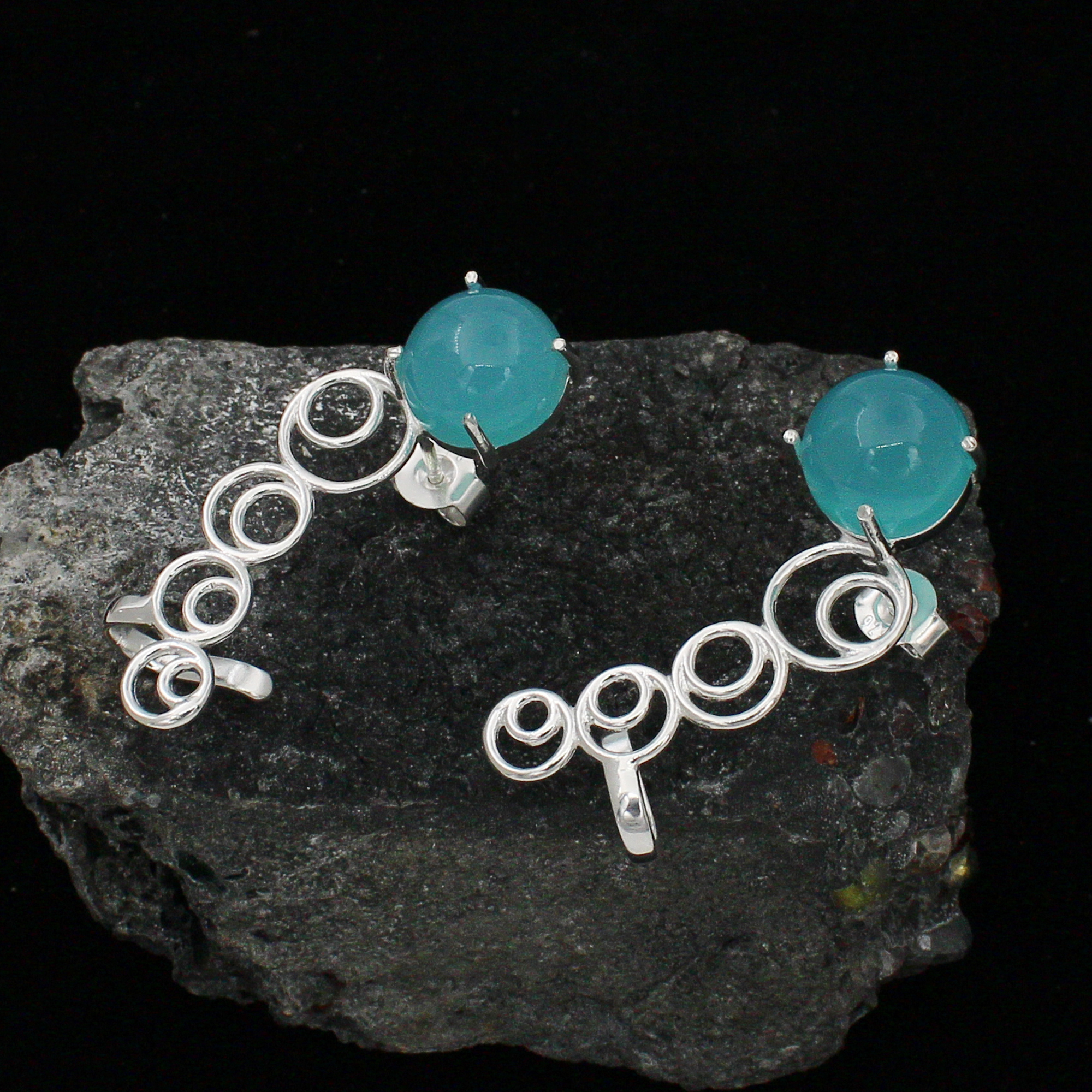 925 Sterling Silver Blue Chalcedony Ear Cuff Earring