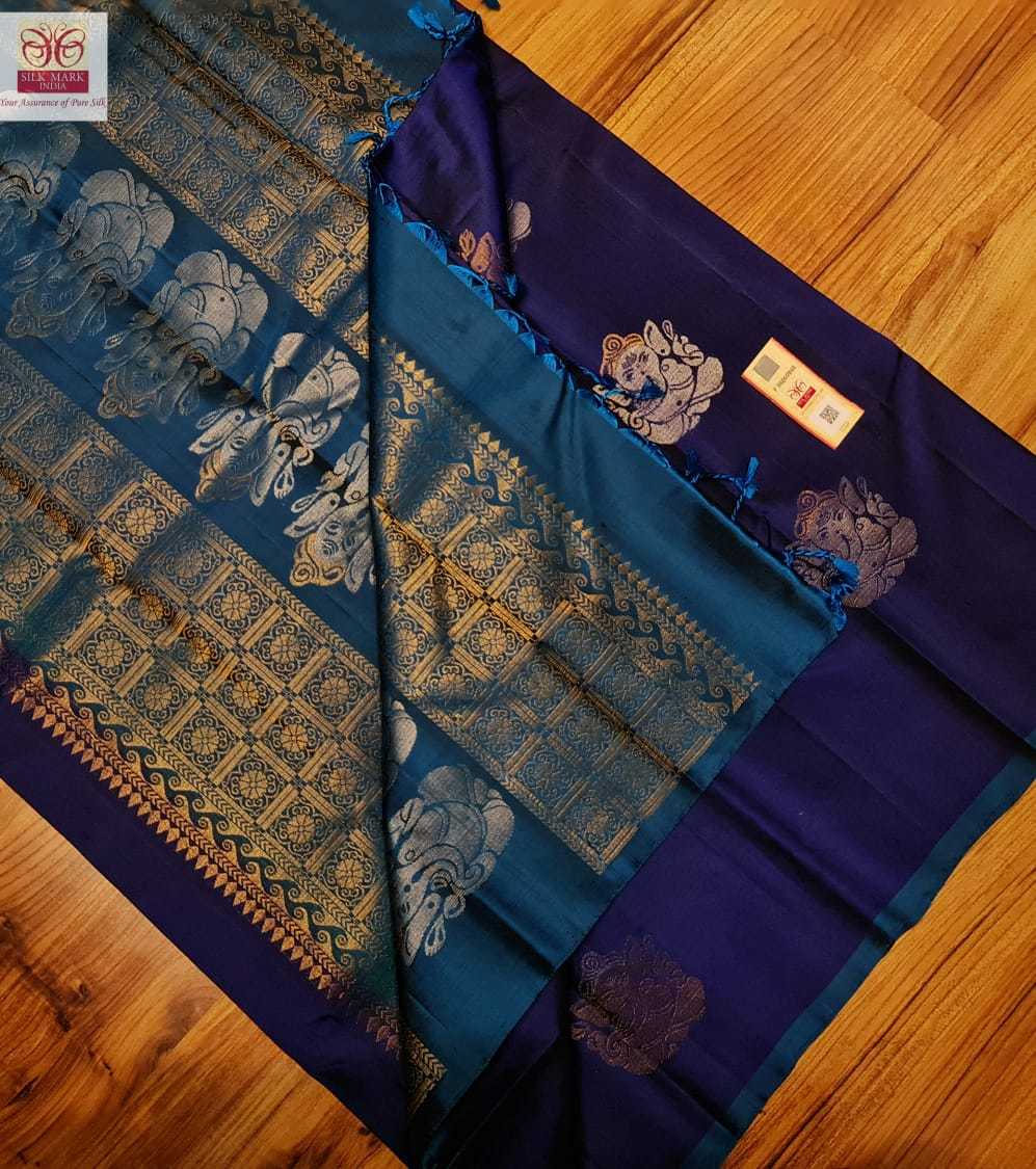Handwoven Pure Kanjivaram Soft Silk Saree - Unique Color, Double Warp Silk With Gold And Silver Zari Work, Meena Work Butta, Rich Navy Blue Pallu And Blouse, Silk Mark Certified