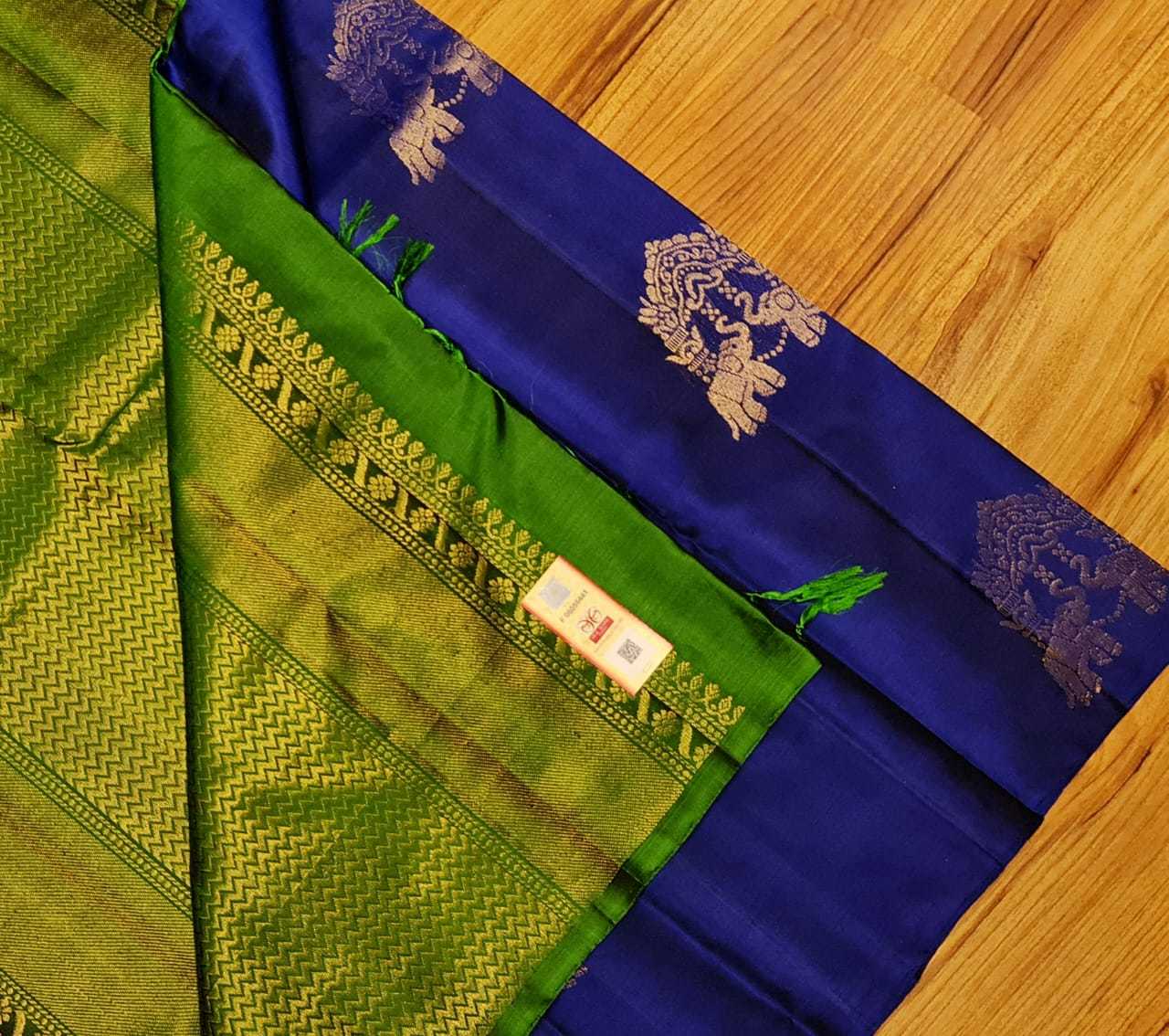 Handwoven Pure Kanjivaram Soft Silk Saree - Unique Color, Double Warp Silk With Gold And Silver Zari Work, Meena Work Butta, Rich Navy Blue Pallu And Blouse, Silk Mark Certified