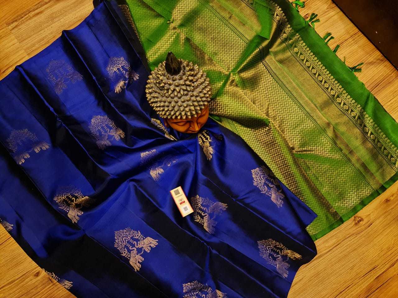 Handwoven Pure Kanjivaram Soft Silk Saree - Unique Color, Double Warp Silk With Gold And Silver Zari Work, Meena Work Butta, Rich Navy Blue Pallu And Blouse, Silk Mark Certified
