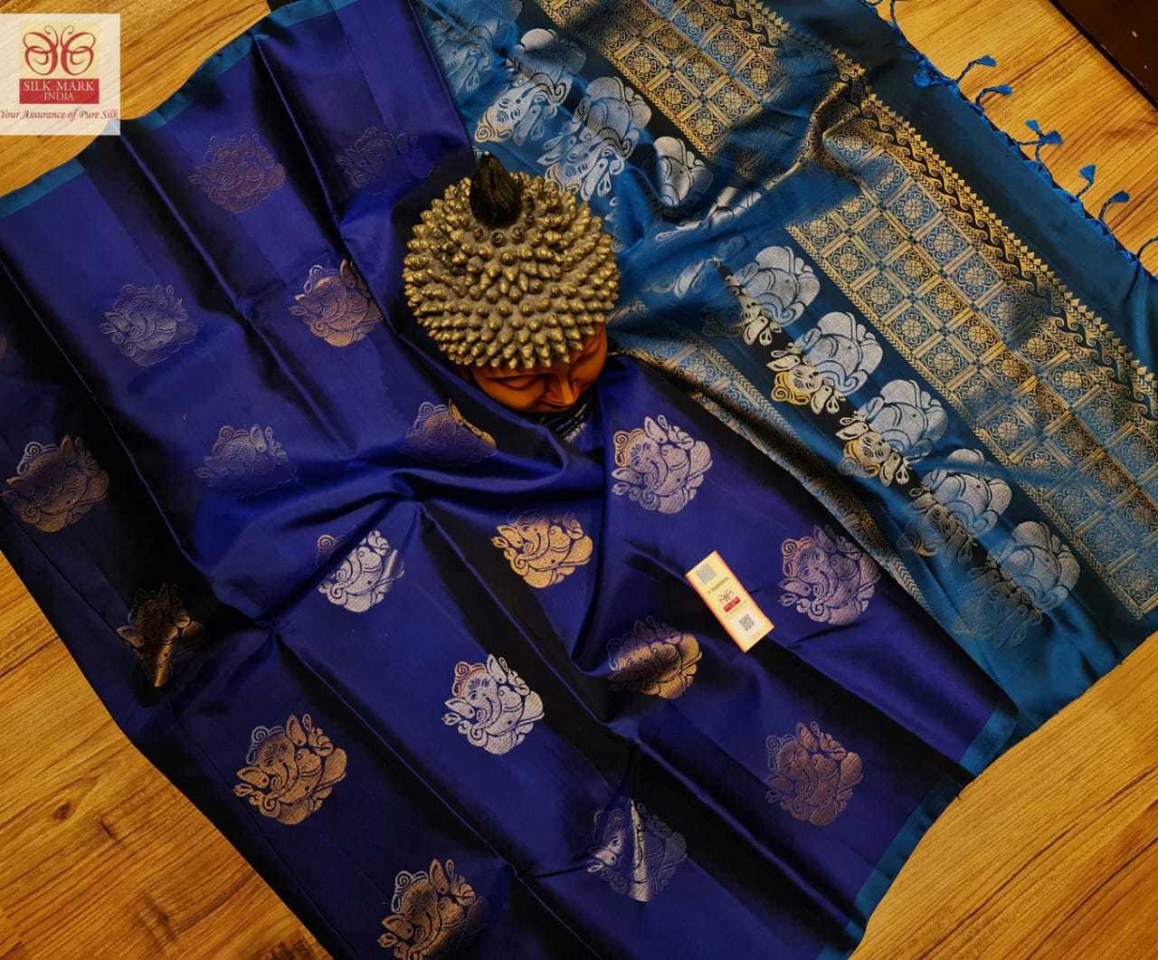 Handwoven Pure Kanjivaram Soft Silk Saree - Unique Color, Double Warp Silk With Gold And Silver Zari Work, Meena Work Butta, Rich Navy Blue Pallu And Blouse, Silk Mark Certified