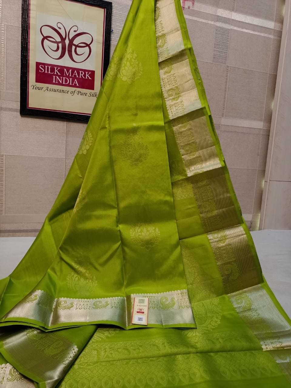 Parrot Green Silver Jarie Pure Kanjivaram Silk