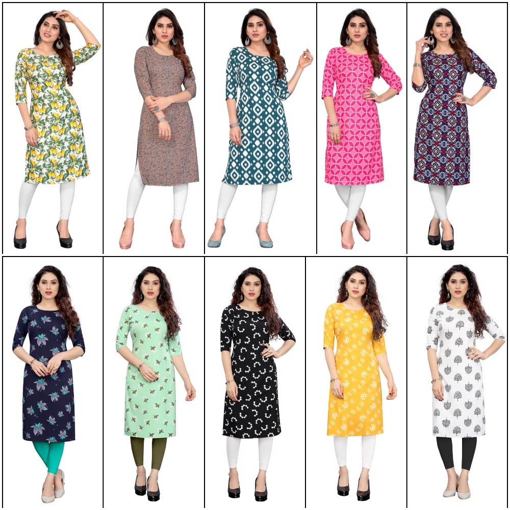 Ladies Straight Printed Crepe Kurtis - Size S-36 To Xxl-44, Multi Color Floral Print With 3/4 Sleeve, 44 Inch Length, Trendy Casual Wear