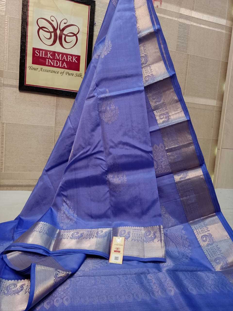 Pure Kanjivaram Silk Saree - Elegant Pastel & Solid Shades, Silver Jarie Weaving With Rich Butta Patterns, Light Weight, Silk Mark Certified