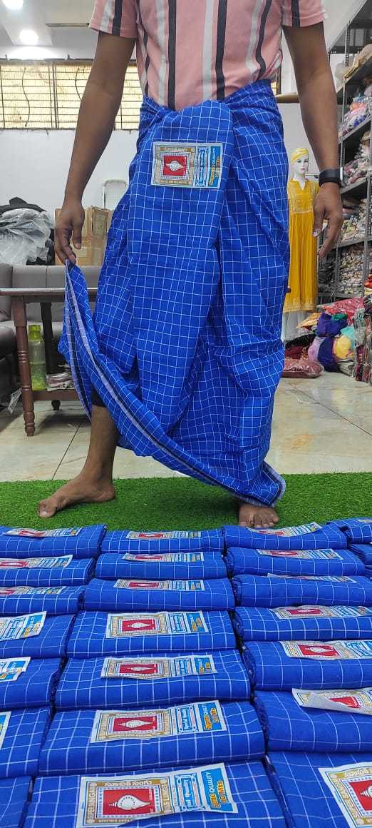 Mens Lungi - Cotton Checked Blue Chex, Size 2.10 Meters | Breathable, Washable, Big Size Special