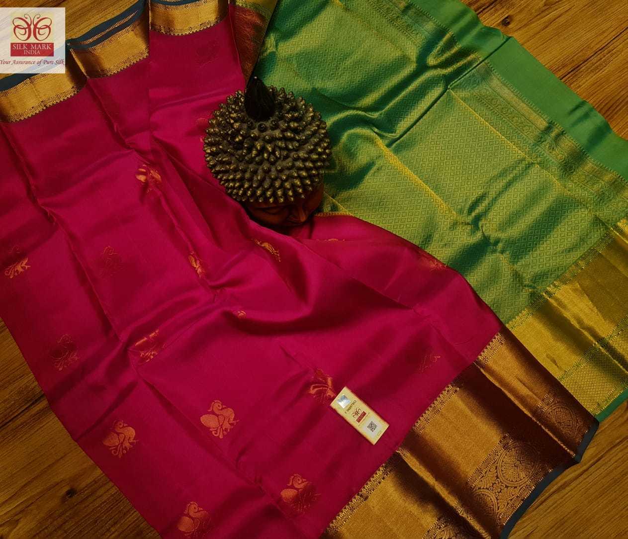 Pink With Green Fancy Border Kanjivaram Silk Saree