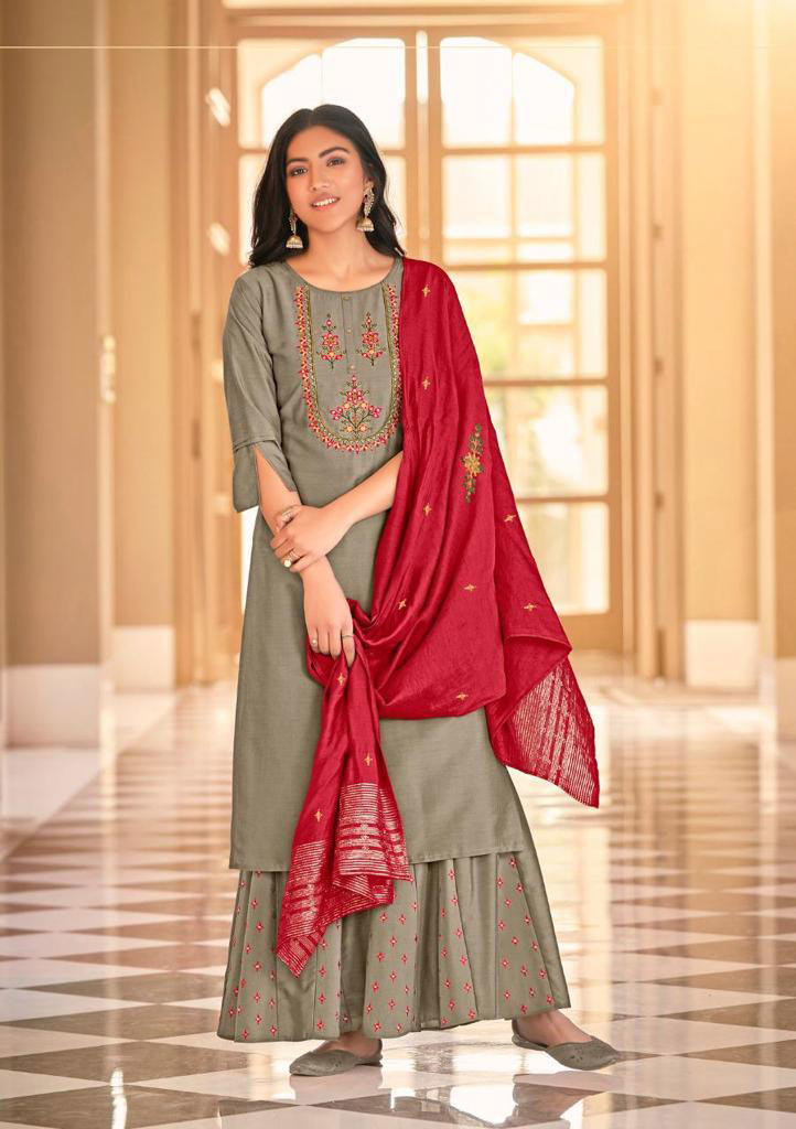 Riwaaz Handwork Kurti - Designer Divider Palazzo Set, Bemberg Silk With Fine Silky Embroidery | Customized Size, Blue Orange Color, Washable For Spring And Summer