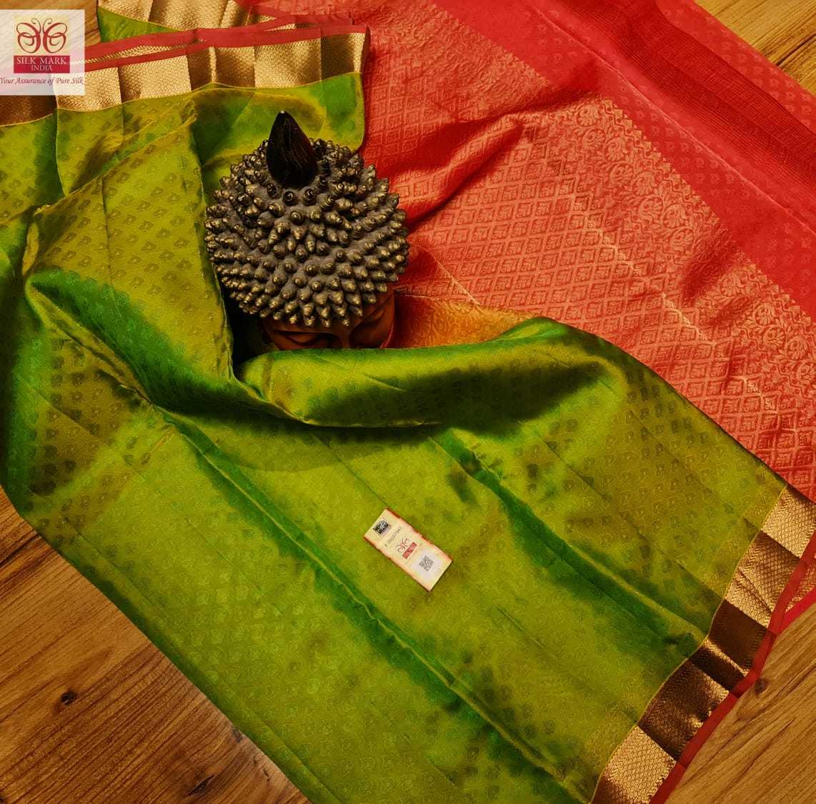 Kanjivaram Pure Silk Saree - Light Weight Art Silk With Embossed Design | Rich Pallu, Zari Work, Silk Mark Certified, Green And Pink Contrast Blouse