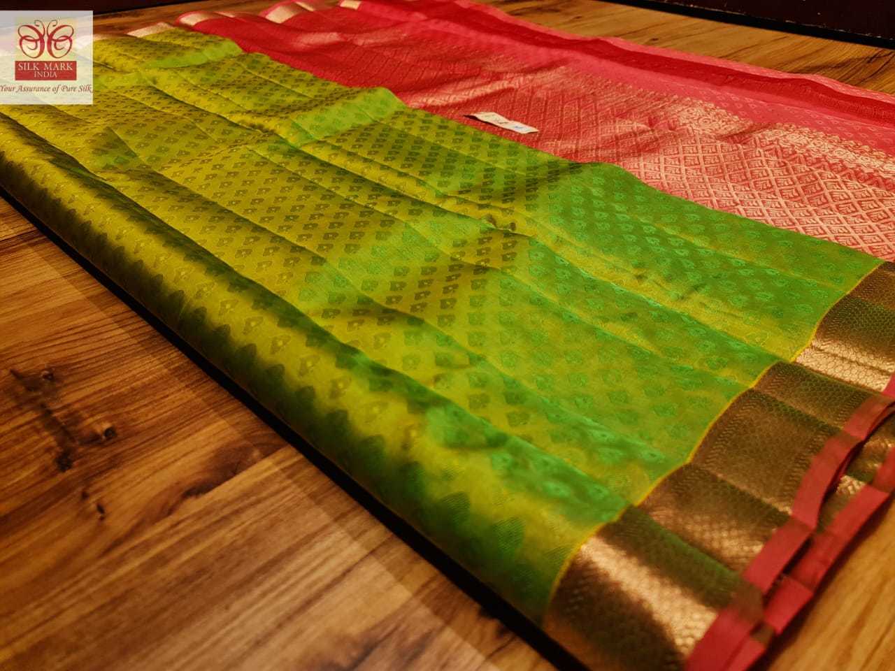 Kanjivaram Pure Silk Saree - Light Weight Art Silk With Embossed Design | Rich Pallu, Zari Work, Silk Mark Certified, Green And Pink Contrast Blouse