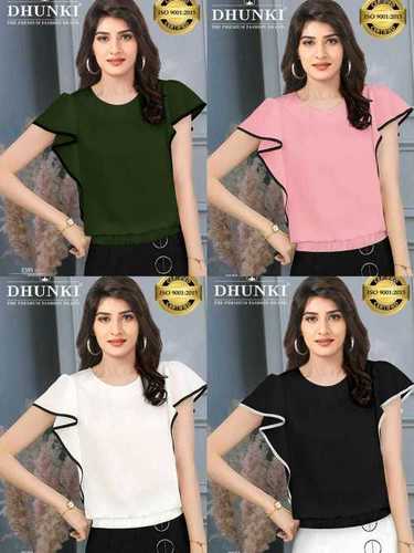 Womens Top - Heavy Georgette Fabric, Size M/XL | Designer Stylish Sleeve, 4 Color Options, Length 23-24 Inch, Daily Wear Mini Skirt Style