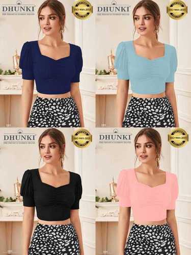 Designer Girls Top - Ajanta Fabric (95% Polyester, 5% Spandex), M(36) & XL(40) Sizes, 4 Stylish Colors, 1/4 Sleeve with Polka Dot Pattern