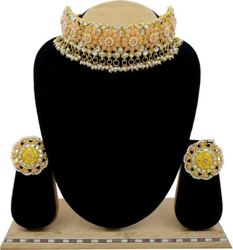 Bridal Kundan Pearl Peach Gold Plated Choker Necklace Set Gender: Women