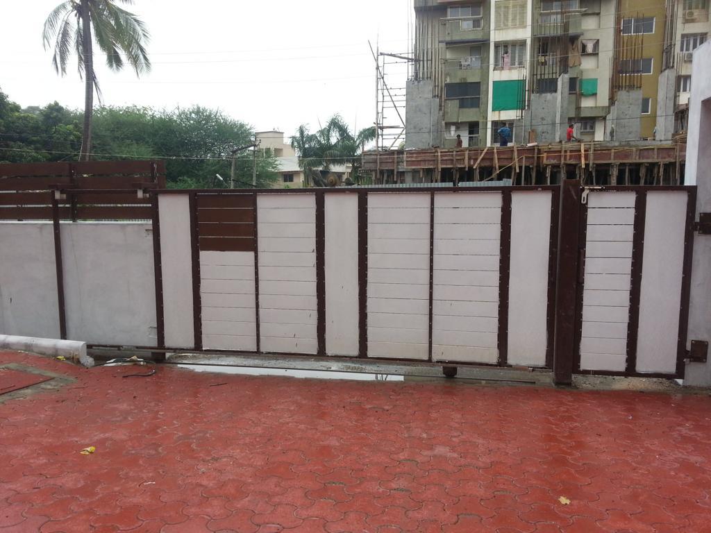 Automatic Sliding Gate - Metal Frame, Approximately 5 Feet Height, Customizable Width, White And Blue/grey Finish | Modern Design, Automated Mechanics, Wide Driveway Access