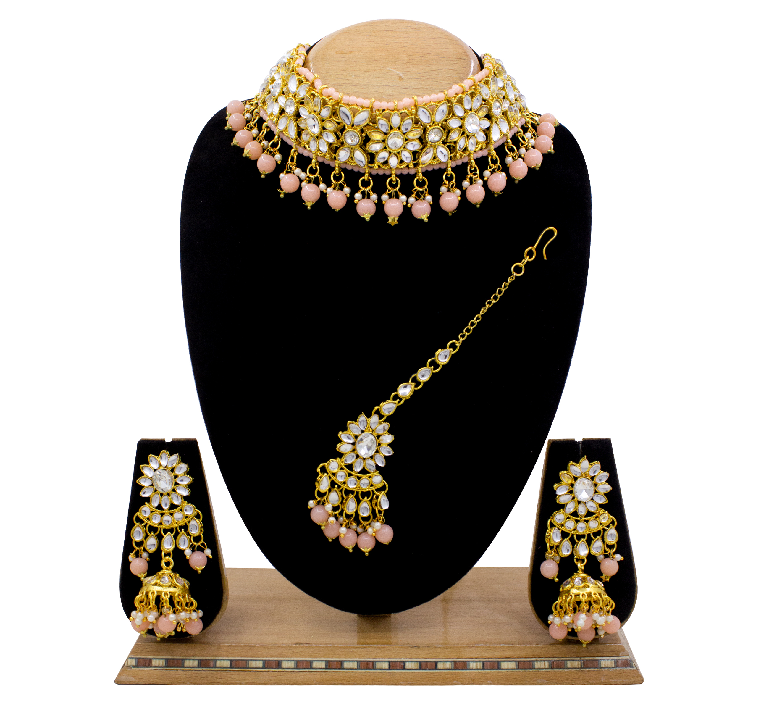 Traditional Indian Bridal Peach Kundan Choker Gold Plated Necklace Set Gender: Women