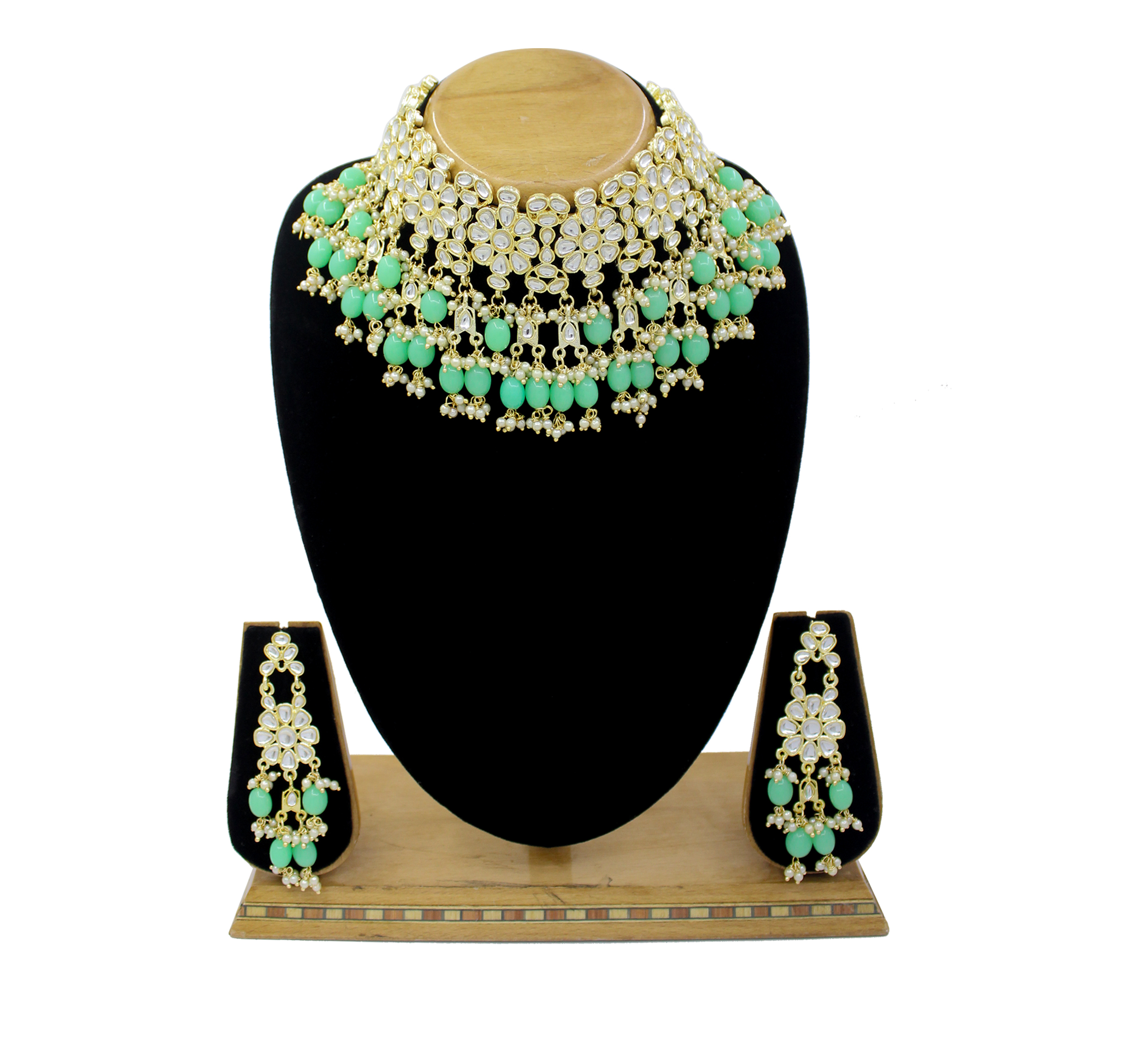 Kundan Pearl Choker Necklace Set - Alloy Material Mint Color | Gold Plating Channel Setting Perfect For Weddings And Parties