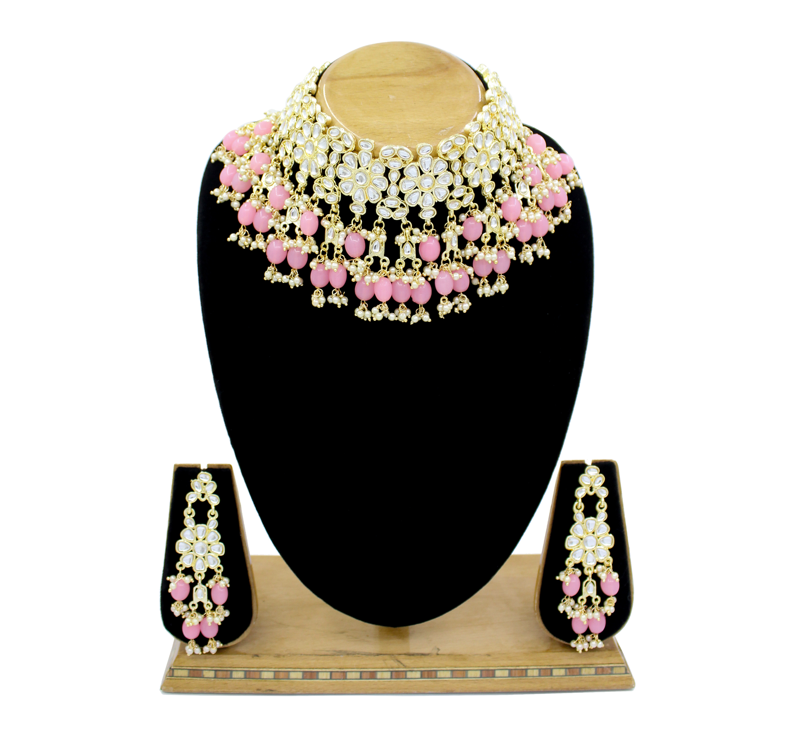 New Collection Kundan Pearl Choker Necklace Set For Women - Alloy Gold Plated Pink Color | Channel Setting Perfect For Weddings Parties And Engagements
