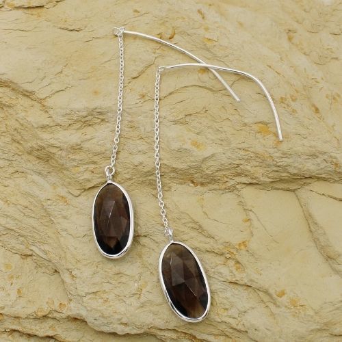 925 Sterling Silver Smoky Topaz Threader Earring