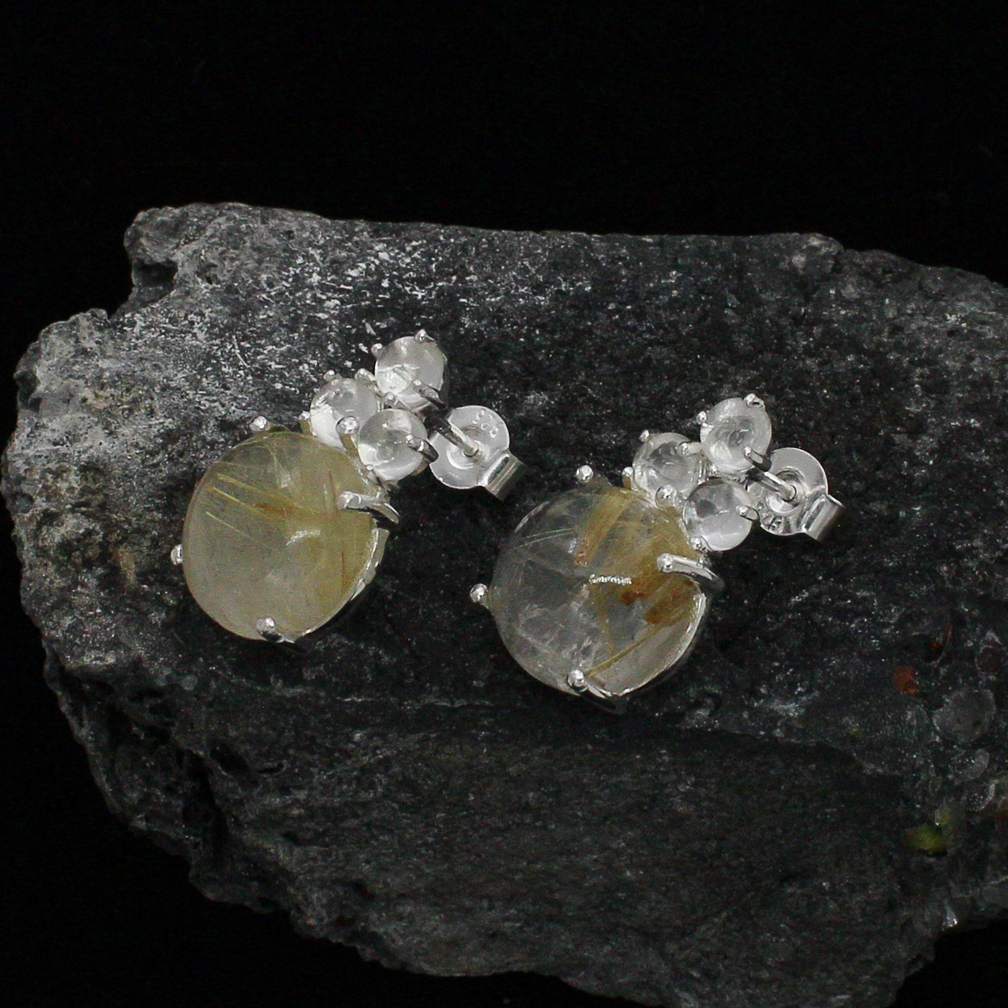 925 Sterling Silver Golden Rutile And White Crystal Studs Earring.