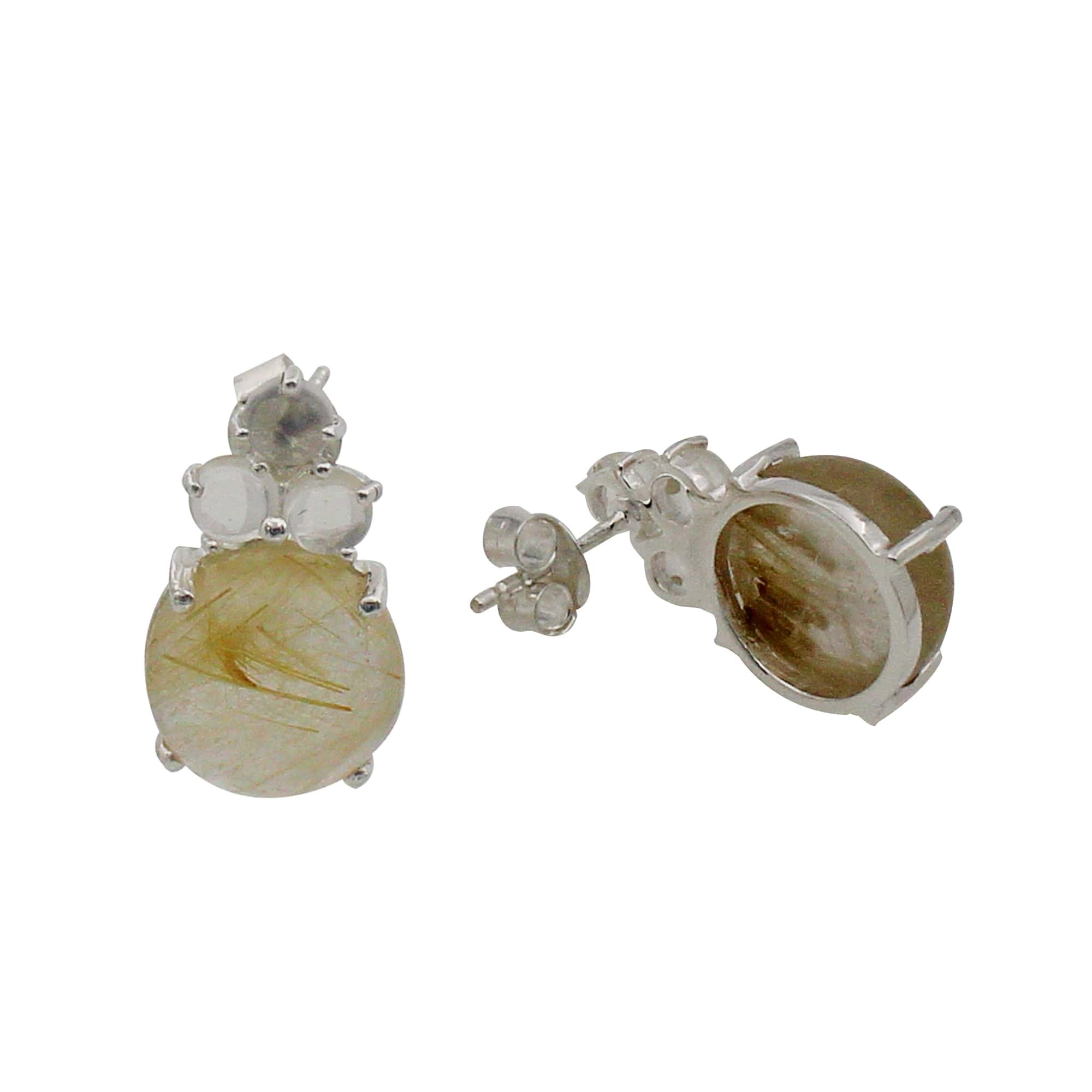 925 Sterling Silver Golden Rutile And White Crystal Studs Earring.