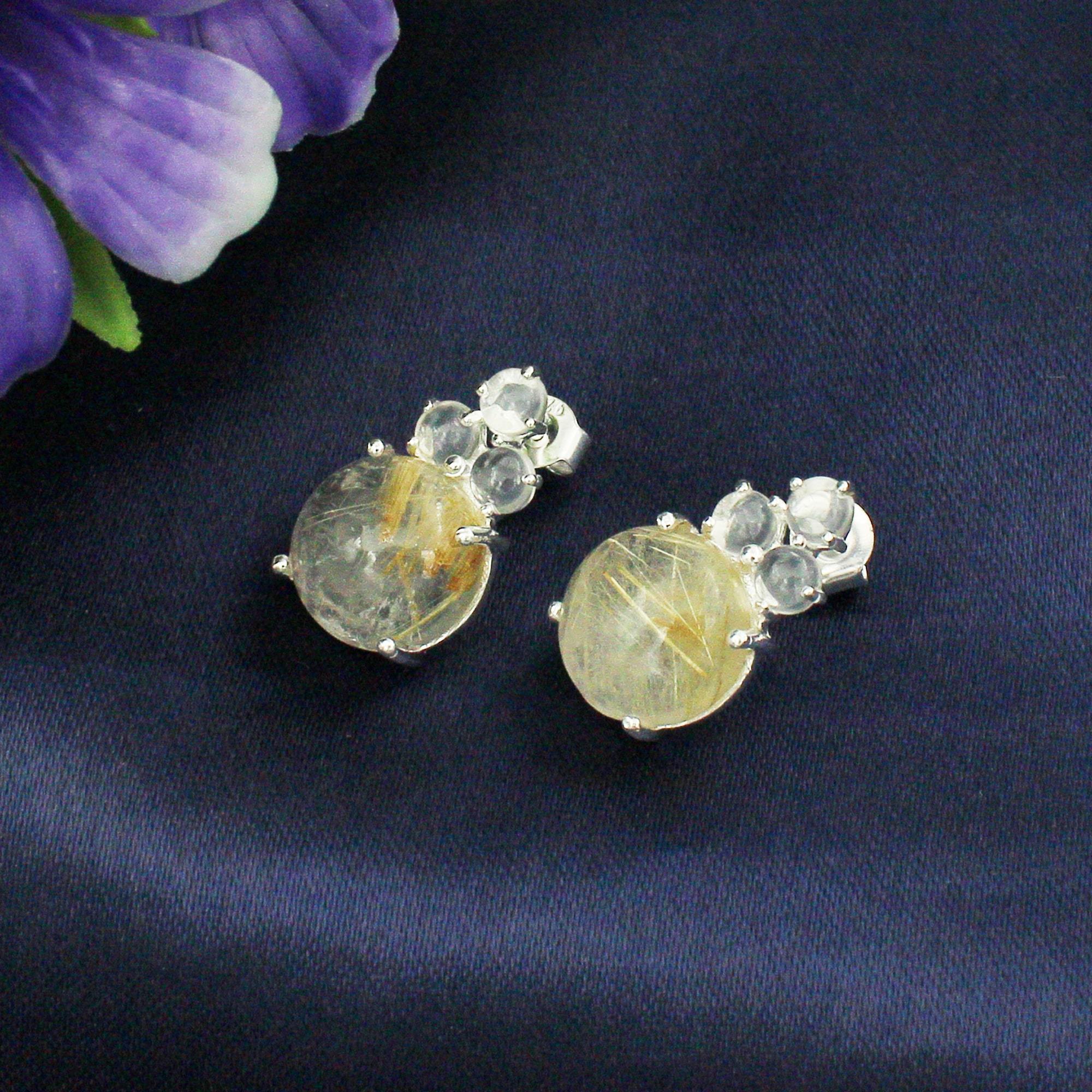 925 Sterling Silver Golden Rutile And White Crystal Studs Earring.